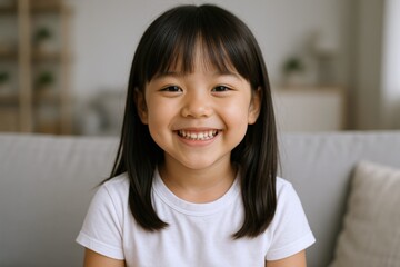 Cheerful Asian Girl Smiling Portrait: Innocence and Happiness in Childhood, Expressing Joy and Positive Emotions