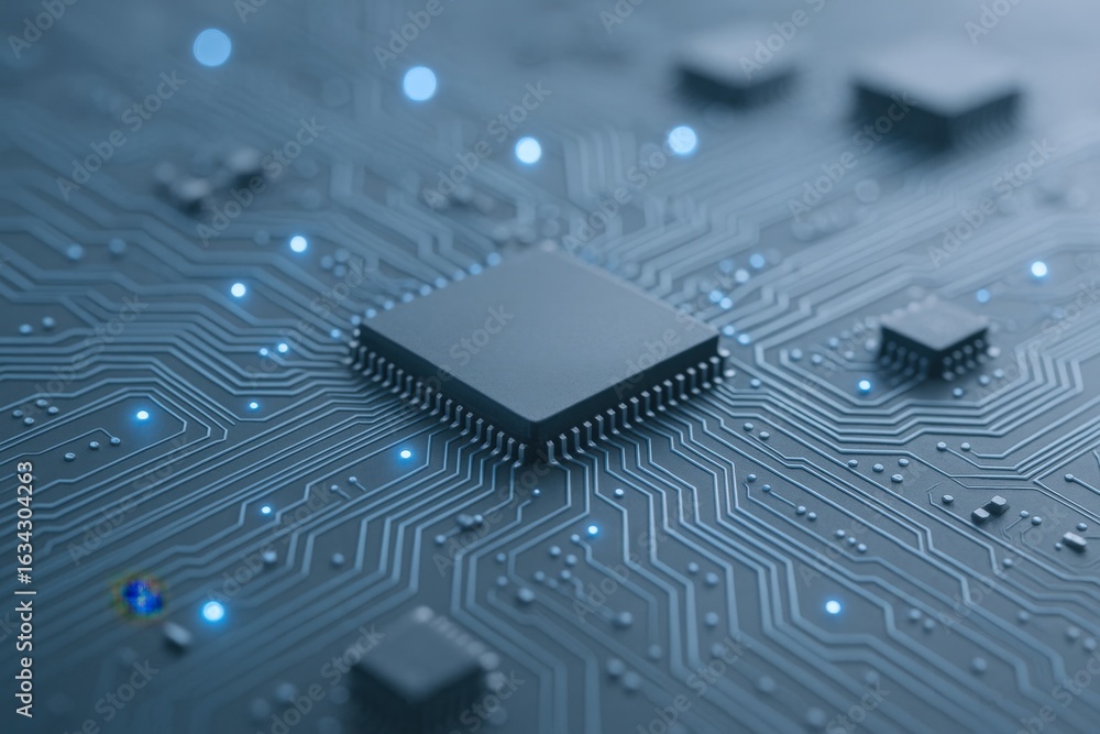 Poster integrated circuit board close-up: high-tech microchip for modern electronics, engineering and techn