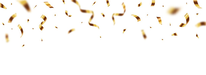 Falling shiny gold confetti, festive banner for birthday, anniversary, and holiday celebration designs.