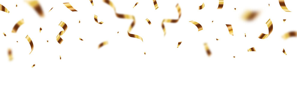 Falling shiny gold confetti, festive banner for birthday, anniversary, and holiday celebration designs.