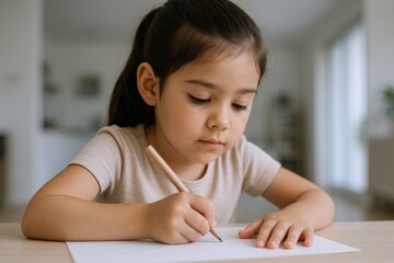 Focused Young Girl Engaged in Drawing or Writing on Paper at a Wooden Desk
