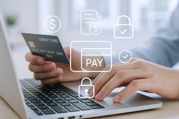 Online Payment Concept: Person Using Laptop with Credit Card for Secure Digital Transaction