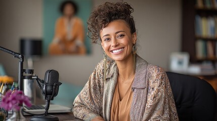 Smiling Woman at Desk with Microphone Ready for Recording a Podcast or Online Interview