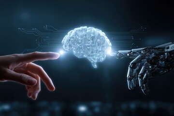 Human hand interacts with robot hand, with glowing brain in center representing Artificial Intelligence concept