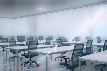 Empty Office Space with Financial Data Overlay, Representing Market Trends and Economic Analysis in a Workplace Setting
