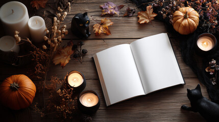 Mockup of white plain opened book on Halloween theme background with copy space for text, Warm rustic color tone.