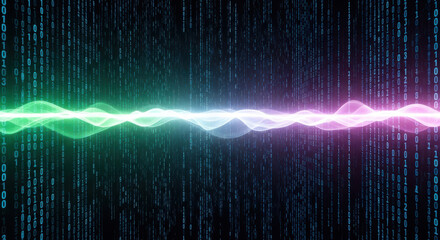 Abstract digital binary code with flowing light waves data visualization background