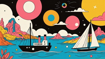 Colorful ship sails on waves beneath a bold, geometric sky