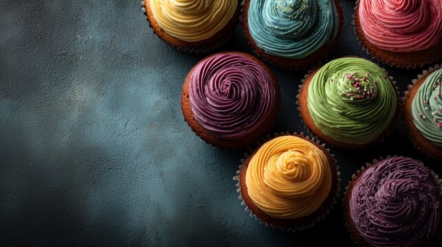 Colorful frosted cupcakes arranged on table from top-down view, ample copy space for bakery menu or advertisement - Powered by Adobe