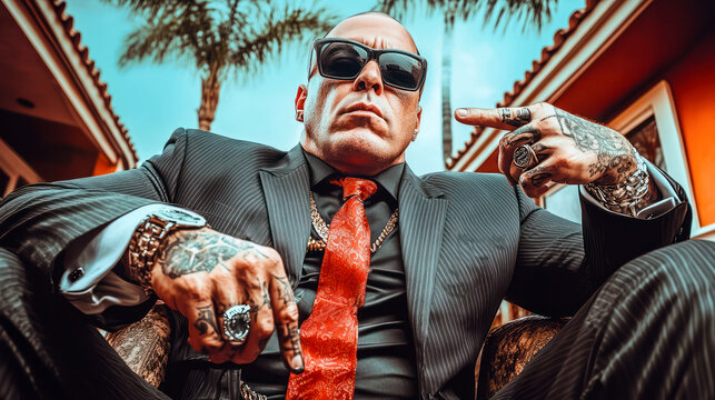 Portrait of a drug mafia boss, hitman and problem solver, sitting in chair