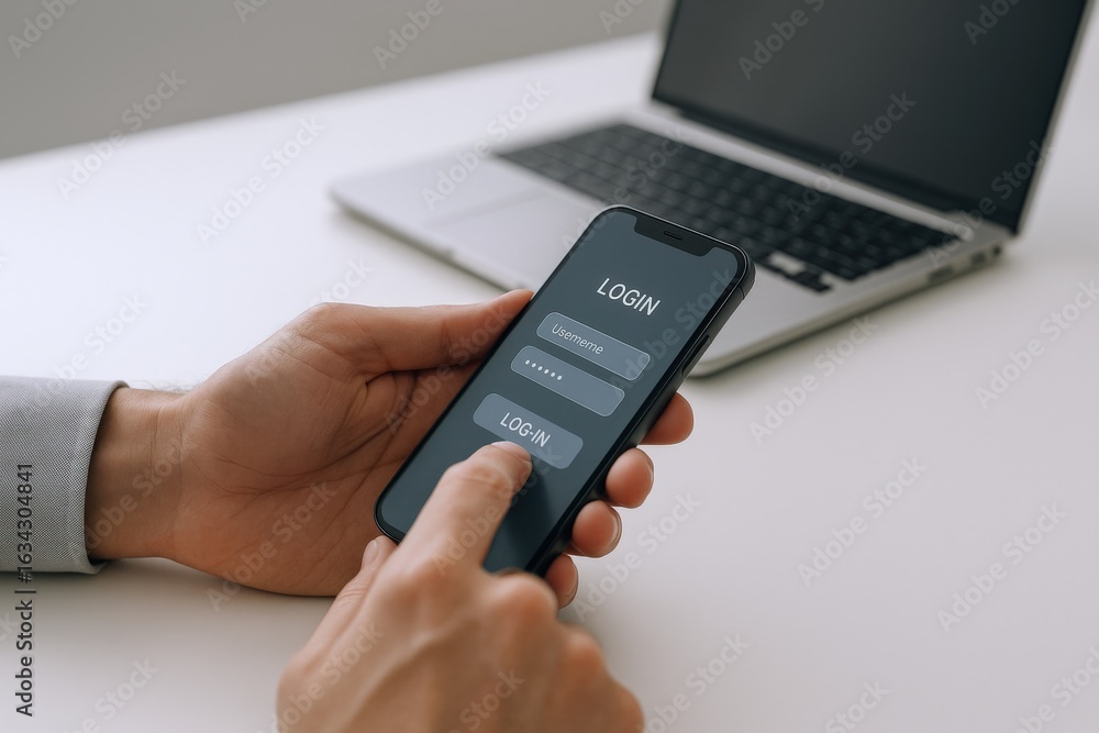 Poster logging into account on smartphone with laptop in background, demonstrating security and accessibili