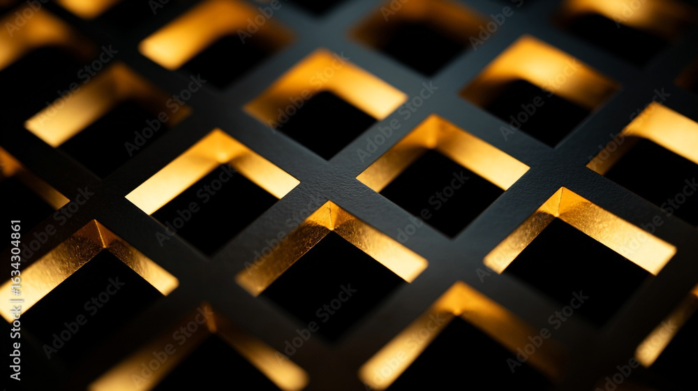 Poster a close up view of a dark lattice with golden light shining through the diamond shaped openings