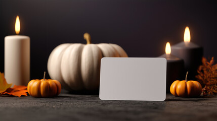Mockup of plain white greeting, invitation card on Halloween theme background with copy space for text, dark color tone.