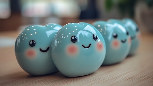 Close-up view of three light blue round objects with happy faces.