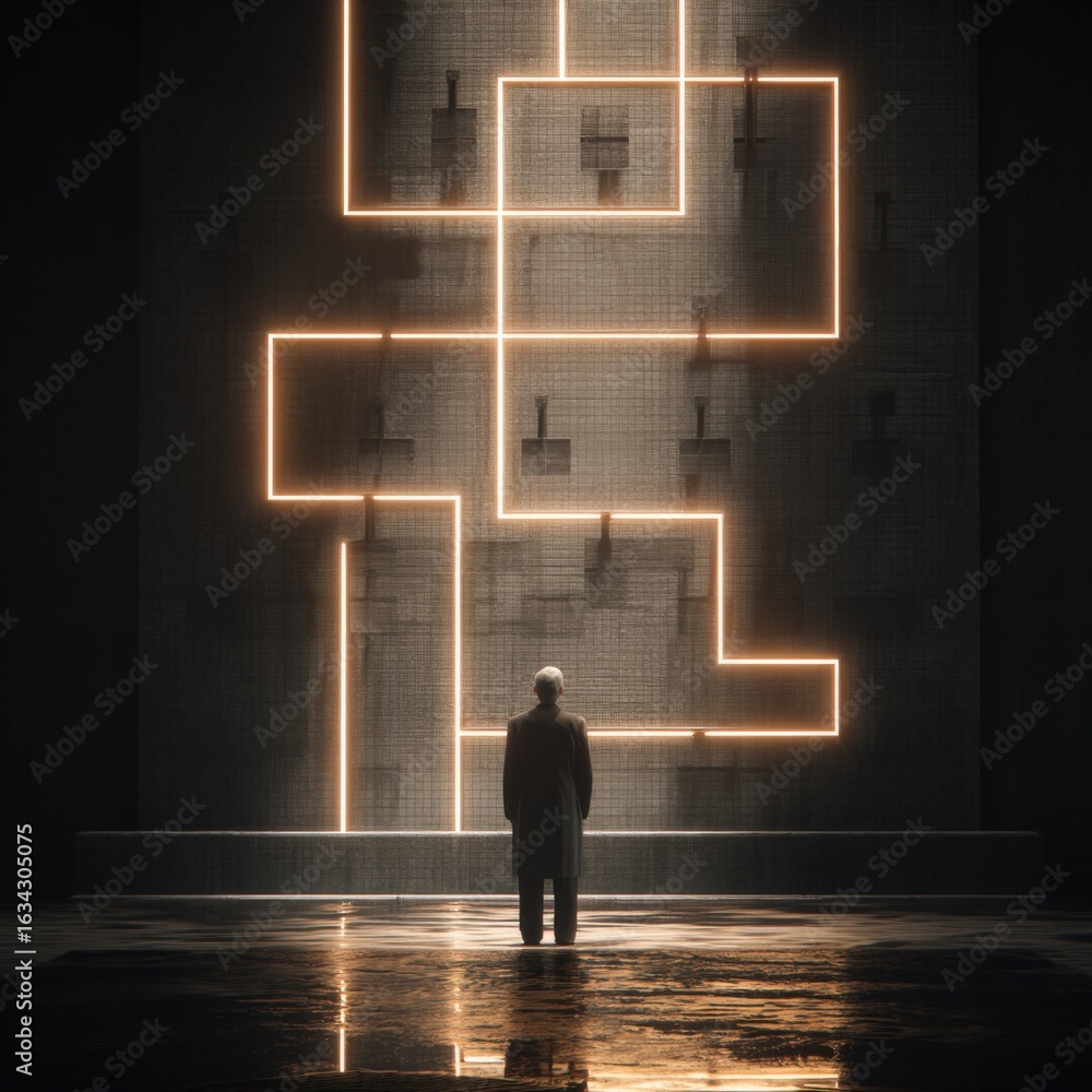 Poster figure contemplates illuminated maze on wall, abstract concept of problem solving and future innovat