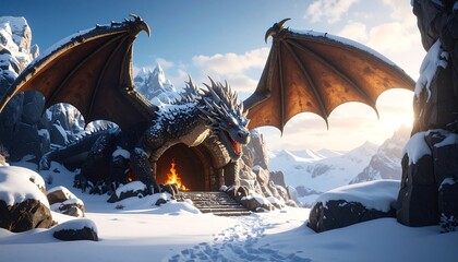 Dragon guards snowy lair