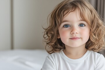 Fototapeta premium Curly haired girl in white shirt smiling softly in clean modern bedroom with soft lighting and gentle natural tones