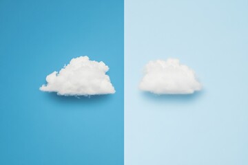 Contrast Cloudscape: A minimalist study of two fluffy, isolated clouds set against a vibrant split background, evoking a sense of calm and serene atmosphere.