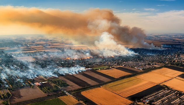 aerial view of burning crop fields near city