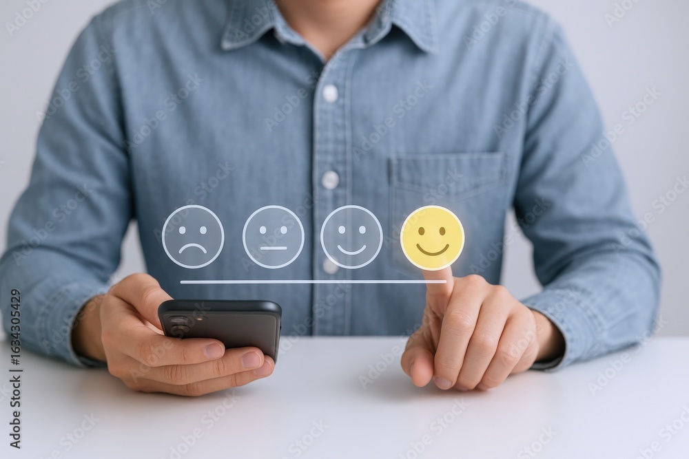 Poster Customer Feedback Evaluation: Man Assesses Satisfaction Level on Smartphone with Interface Rating Scale