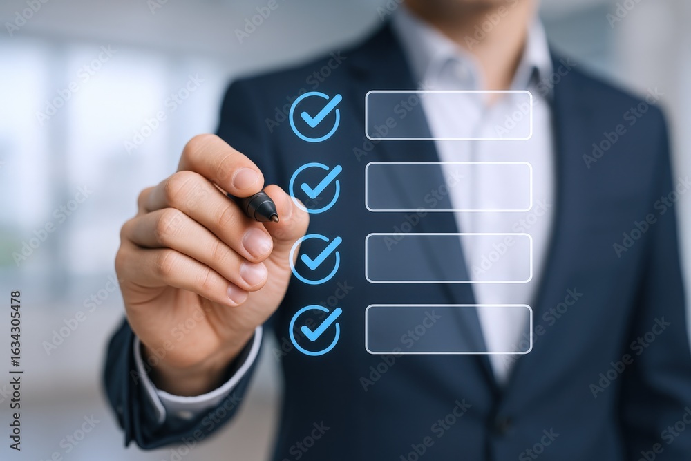 Poster man completing checklist with pen, emphasizing task management and organization for business efficie