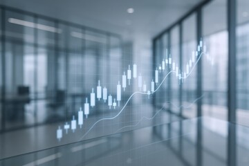 Financial Growth Visualization in Modern Office Space, Investment Chart Overlay for Business Success and Market Analysis