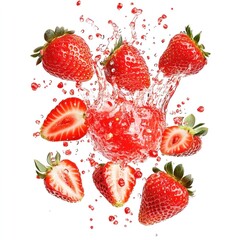 Exploding strawberry pieces strawberries fruit food.