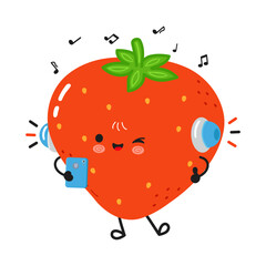A cheerful cartoon strawberry enjoys music through headphones and a smartphone.