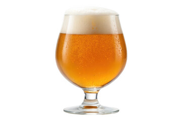 Glass of golden beer with frothy head isolated on transparent background