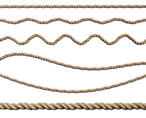 Set of Rope string, realistic jute cord, hemp twisted rope isolated on white background. 3d render
