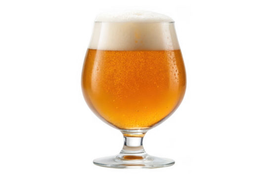 Glass of golden beer with frothy head isolated on transparent background