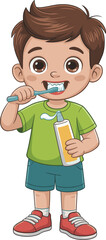 Cartoon boy brushing teeth, dental hygiene for kids, morning routine illustration, toothpaste and toothbrush, healthy smile education concept.