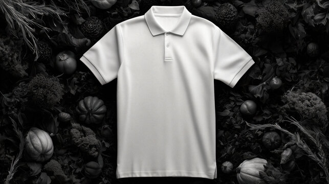 Mockup of plain white polo-shirt on Halloween theme background with copy space for text, Black and white color tone.