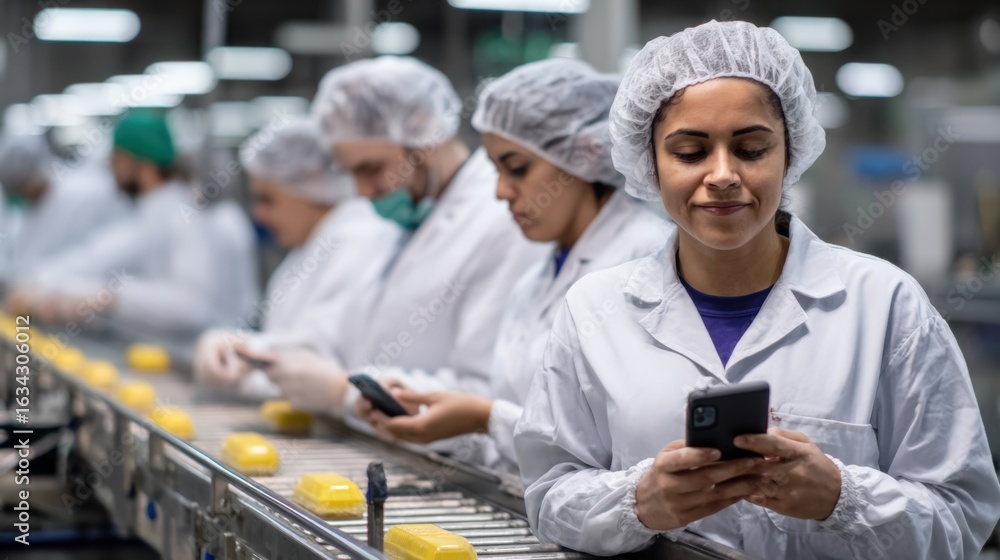 Poster factory workers using smartphones on the production line checking product quality and maintaining ef