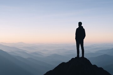 Silhouette of a Man Standing on Mountain Peak Contemplating the Horizon During Calming Sunset Scenery