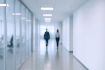 Fototapeta premium Blurred Office Corridor with Business People Walking, Modern Interior with Glass Walls and Bright Lighting