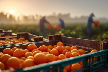 Freshly Harvested Oranges in Crates at Sunrise, with Field Workers in Background, Representing Agriculture