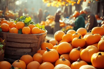 Autumn harvest market scene: A close-up shot captures the vibrancy of a bountiful autumn harvest at a bustling outdoor market. Focusing on a large pile of vibrant pumpkins and oranges.