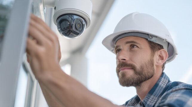 Technician Installing a Modern Security Camera System for Enhanced Surveillance and Safety on Residential Building