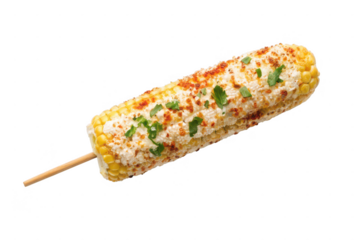 Delicious corn on a stick with toppings isolated on transparent background