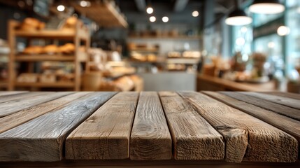 Empty Minimalist Wooden Board Table with Soft Blurred Bakery Shop in Neutral Tones