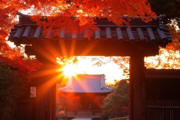 Japanese Autumn Gateway: Capture the serene essence of a Japanese gateway framed by fiery autumn foliage. This image radiates tranquility.