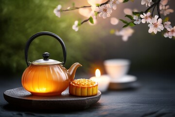Serene Tea Ceremony: A beautifully lit teapot and a delicate mooncake sit elegantly, inviting viewers to experience a moment of tranquility amidst the soft glow of candlelight.