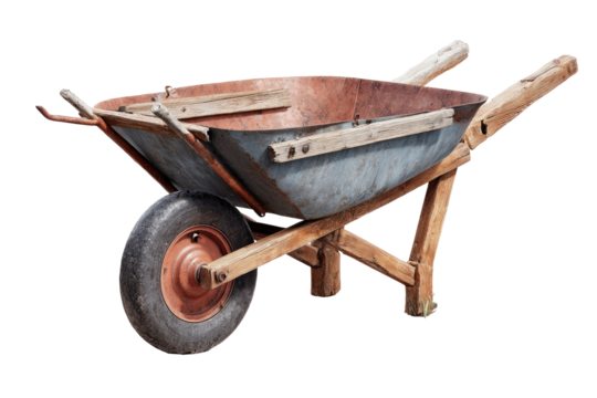 Rusty metal wheelbarrow with wooden handles and frame