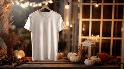 Mockup of plain white t-shirt on Halloween theme background with copy space for text, warm color tone.