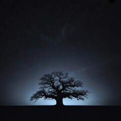 Silhouette of a large oak tree against a starry night sky