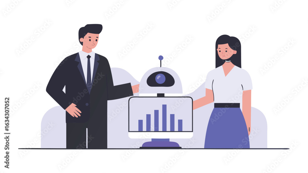 Poster illustration of a man and woman standing next to a robot with a graph displayed on its screen