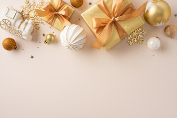 Elegant flat-lay image featuring shimmering gold presents, ornaments, and festive decor for...