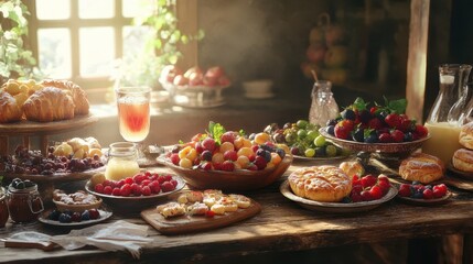 Vibrant Breakfast Table with Fresh Fruits and Pastries in Natural Light