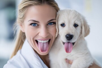 Veterinarian and puppy sticking out tongues in fun gesture during playful moment at bright clinic